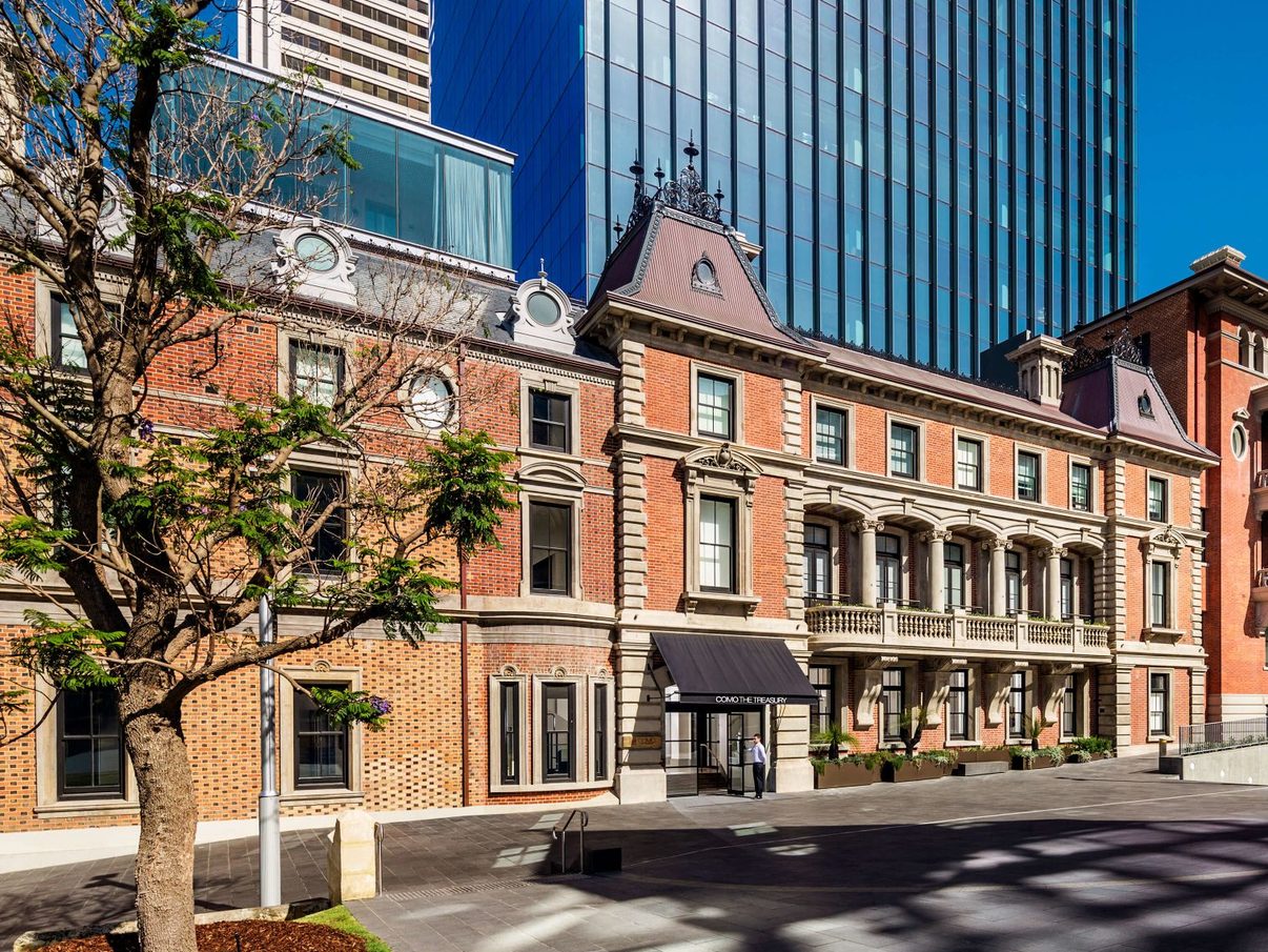 The heritage facade of COMO The Treasury, part of the State Buildings on Cathedral Avenue in Perth
