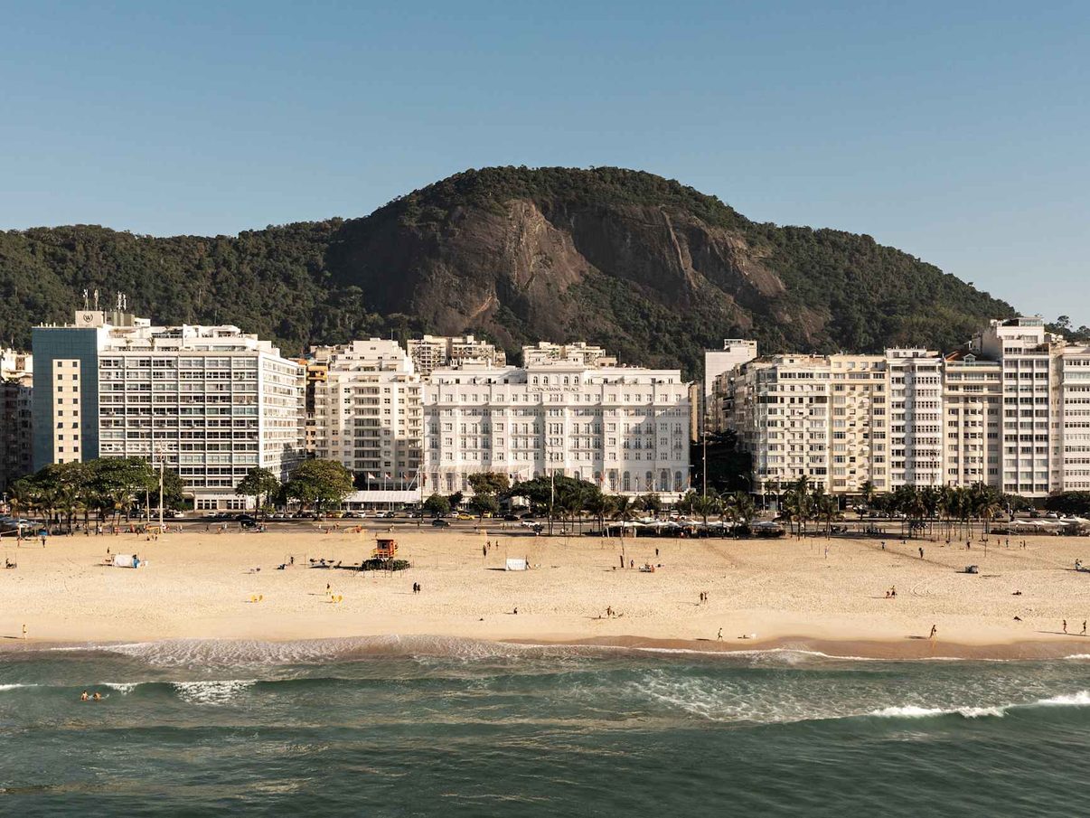 Copacabana Palace and its pool terrace above Copacabana beach in Rio de Janeiro