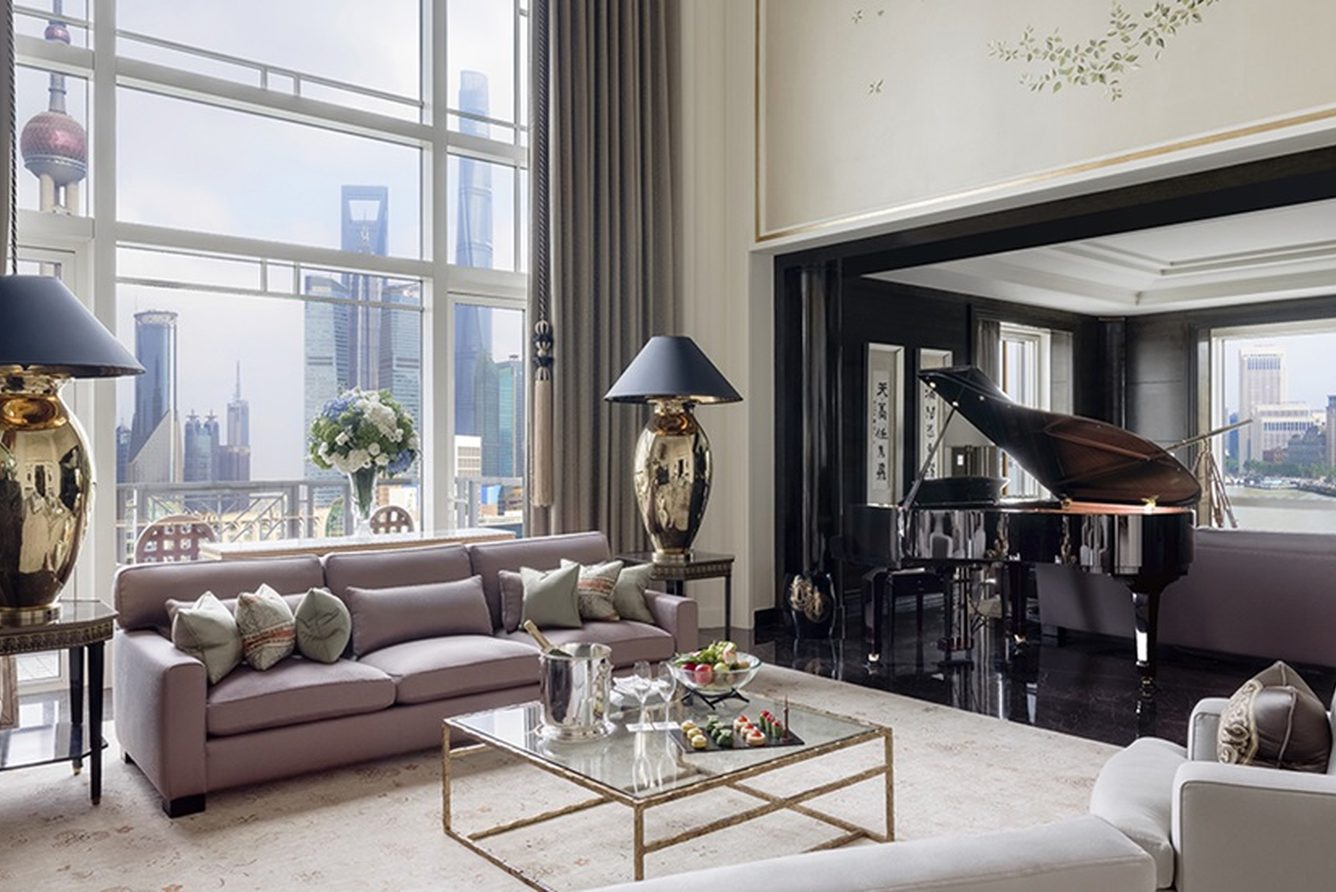 The living room of The Peninsula Suite at The Peninsula Shanghai
