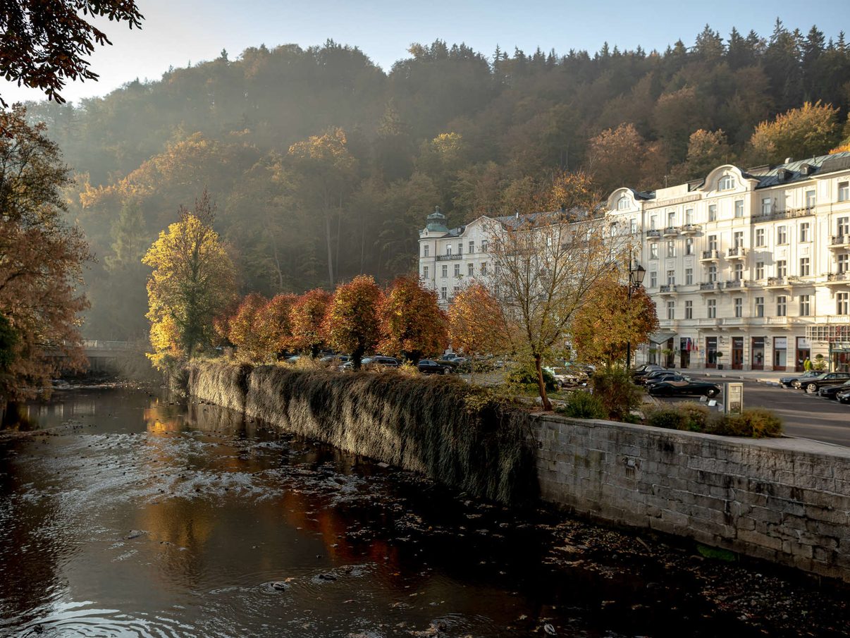 Grandhotel Pupp in autumn, seen across the Teplá river in Karlovy Vary