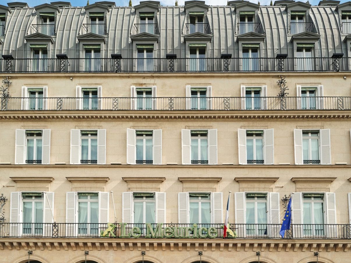 The façade of Le Meurice on the rue de Rivoli in Paris