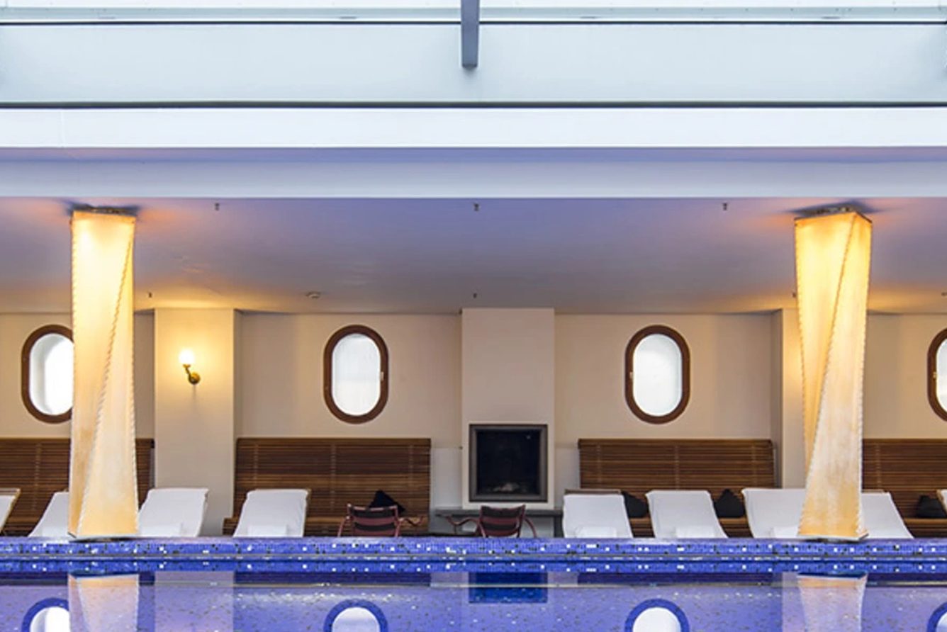 The Blue Spa pool under its glass roof at the Hotel Bayerischer Hof