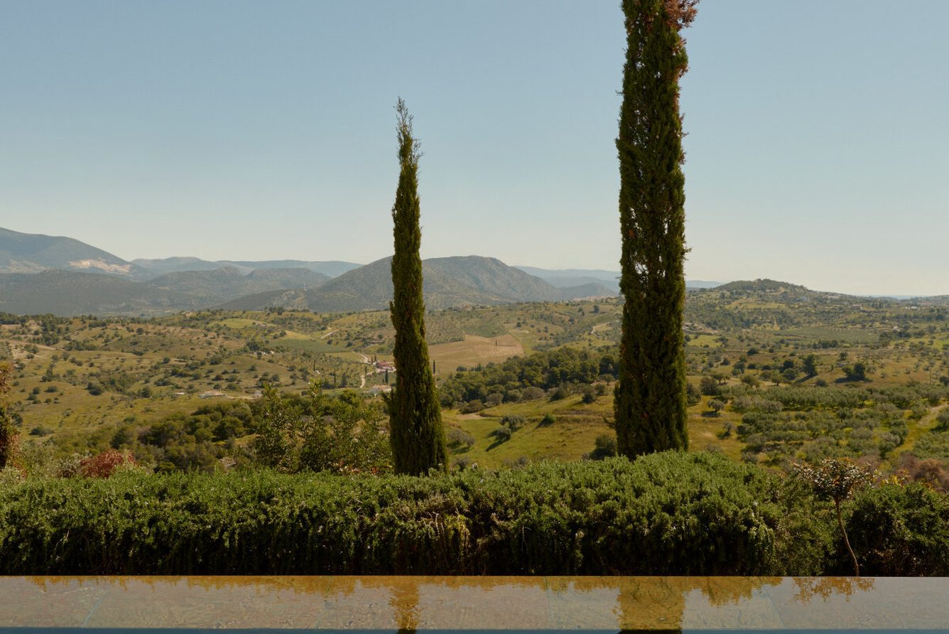 A pool pavilion at Amanzoe above the coast near Porto Heli