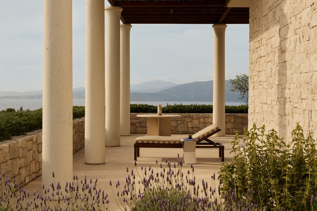 A villa terrace and private pool at Amanzoe above the Argolic Gulf, Peloponnese