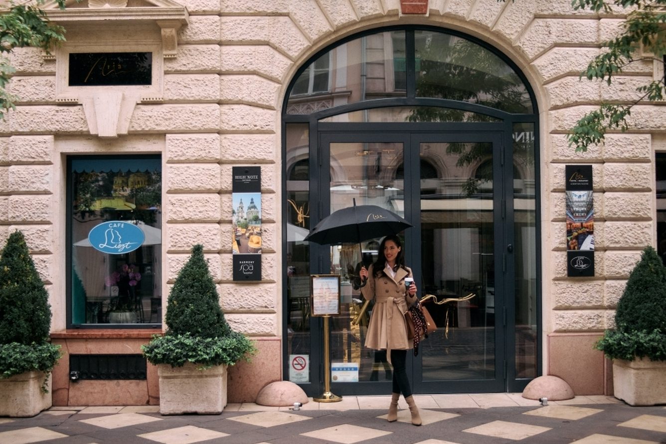 The entrance of Aria Hotel Budapest on Hercegprímás utca, beside Café Liszt