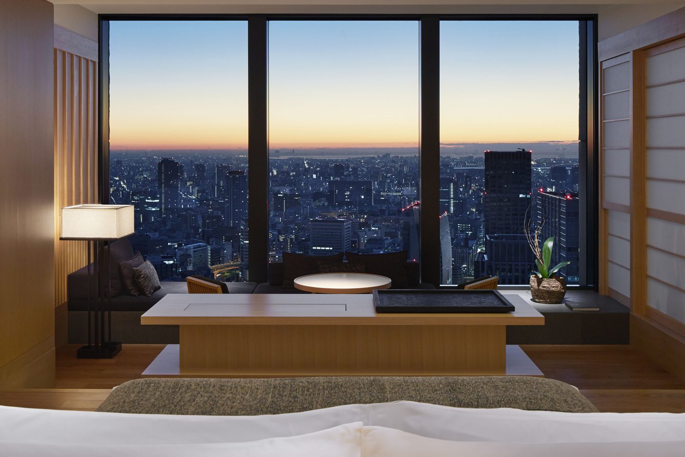 A Premier Room at Aman Tokyo, with a day bed set into the window bay
