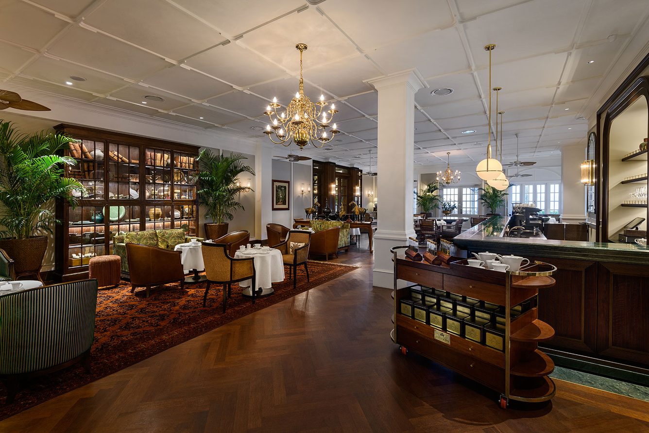 Palm Court at the Eastern & Oriental Hotel, set for afternoon tea in the Heritage Wing