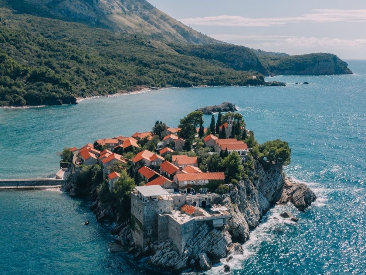 Aerial view of the fortified island village of Sveti Stefan in the Adriatic