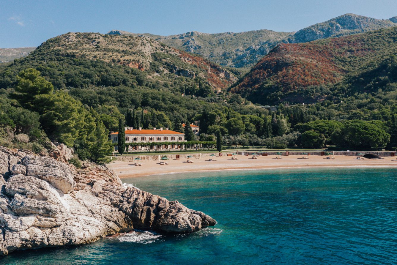 Villa Miloćer and King's Beach at Aman Sveti Stefan, with the island village across the water