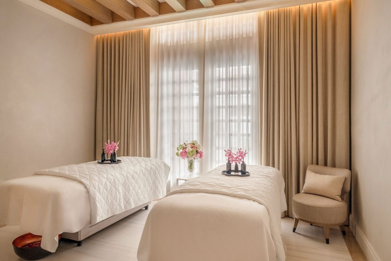 A treatment room at Raffles Spa, the hotel's wellness sanctuary in the Raffles Arcade.