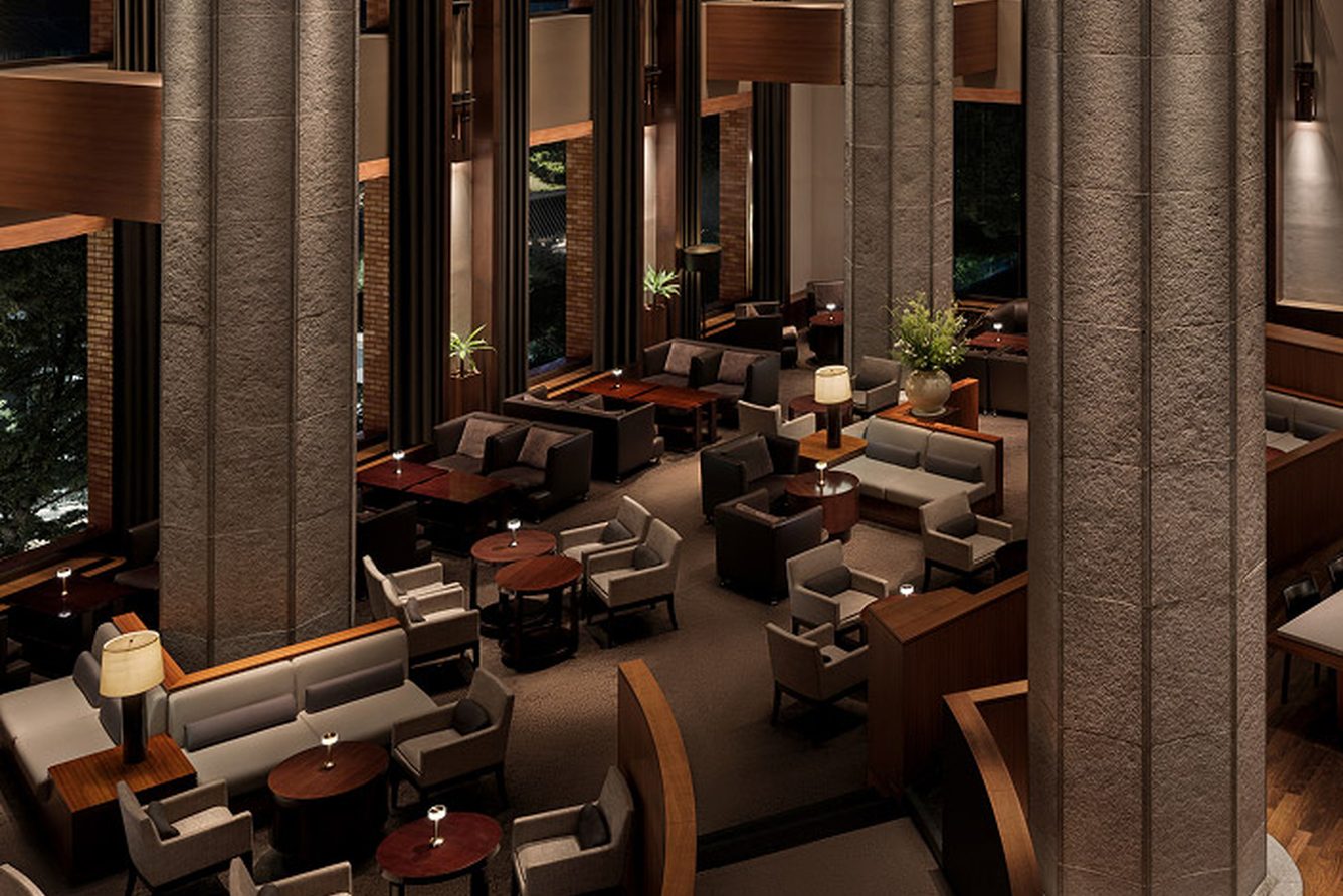 A columned lounge at The Shilla Seoul with low sofas and warm evening light
