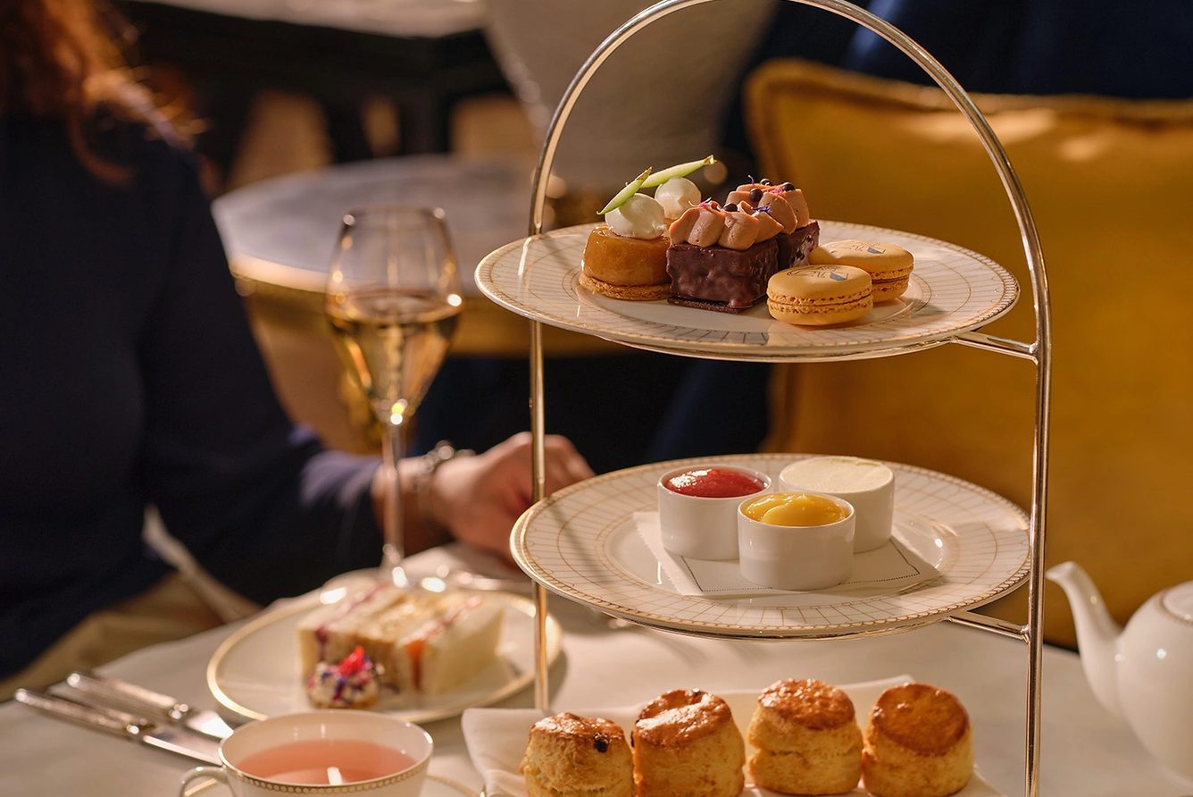 Afternoon tea on a tiered stand in Le Hall at Baur au Lac, Zurich