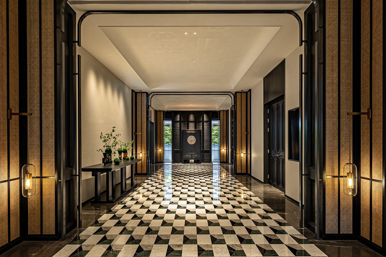 Panelled corridor in warm timber tones at Regent Taipei